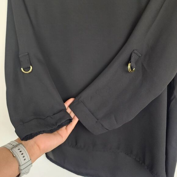 Apology London Black Top Blouse Back Gold Zip High-low Roll-tab Sleeve Size S - Picture 9 of 14